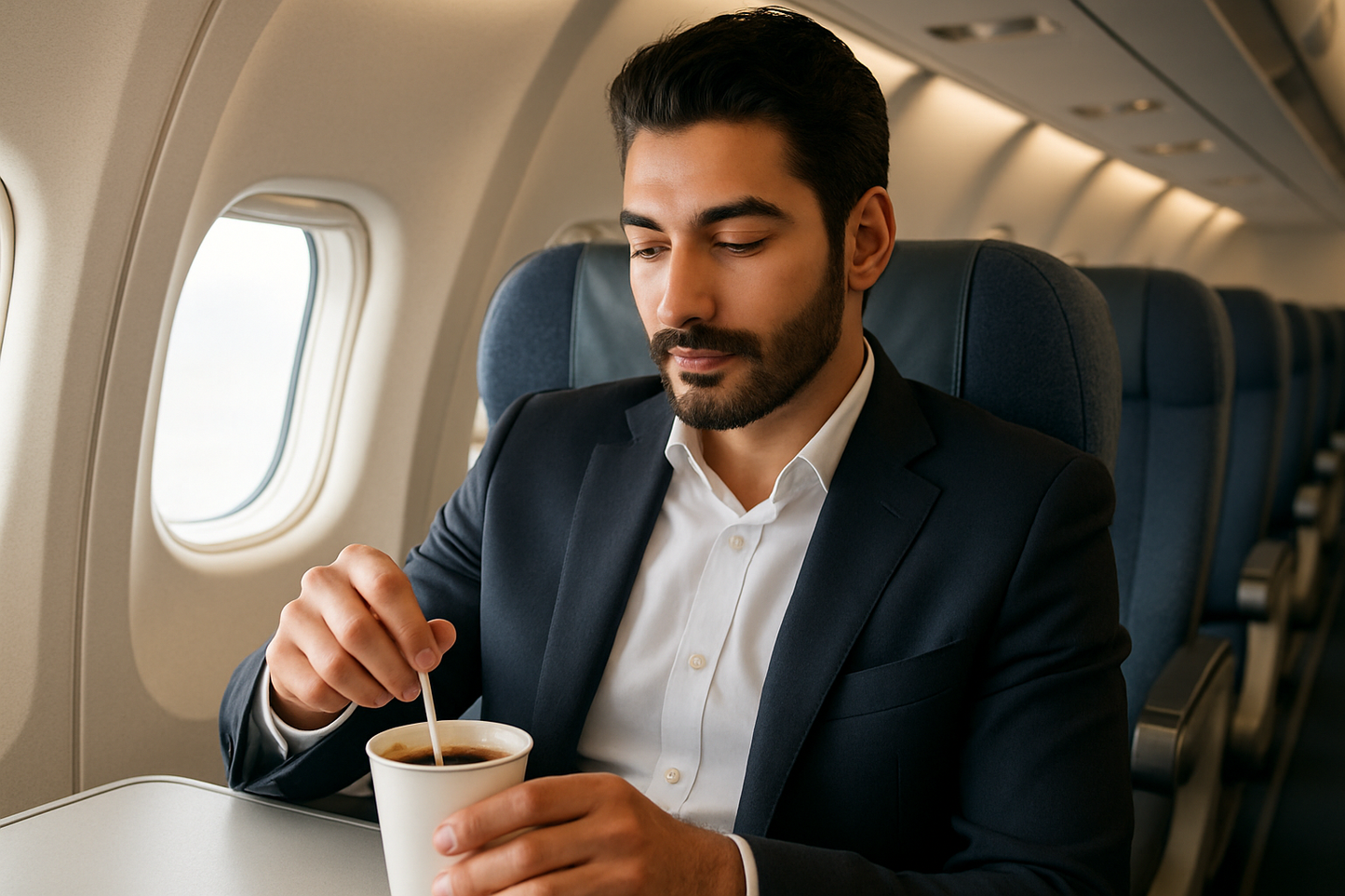 attractive arab man in western dress stirring his airplane coffee