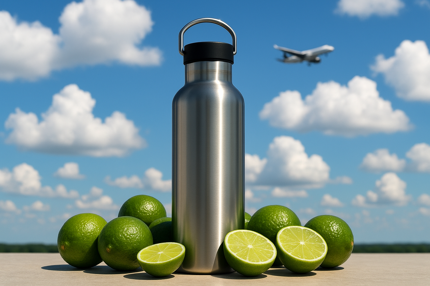 silver reusable water bottle with limes around it and a sky background with a plane far awayn