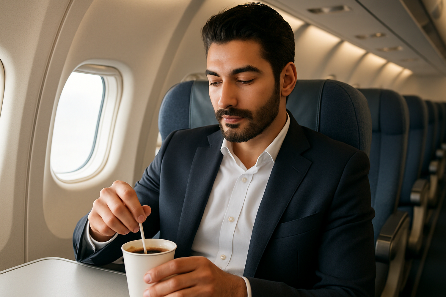attractive arab man in western dress stirring his airplane coffee