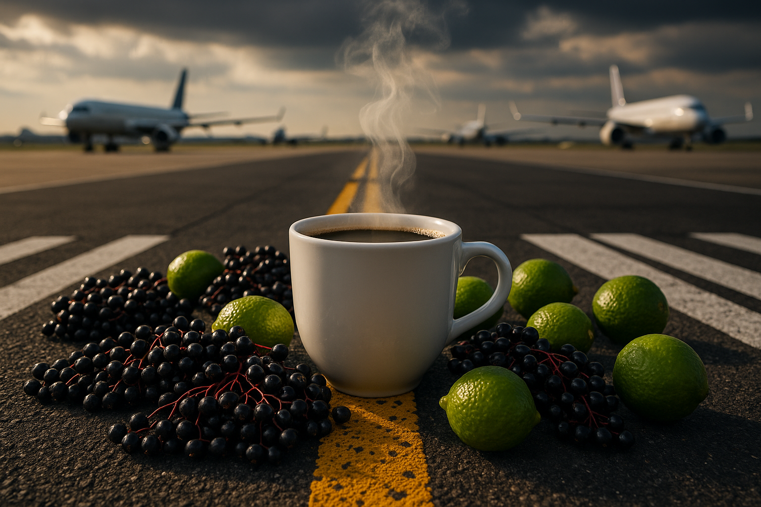 cup of coffee on runway with batches of elderberries and limes, with airplanes in the background