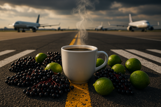 cup of coffee on runway with batches of elderberries and limes, with airplanes in the background