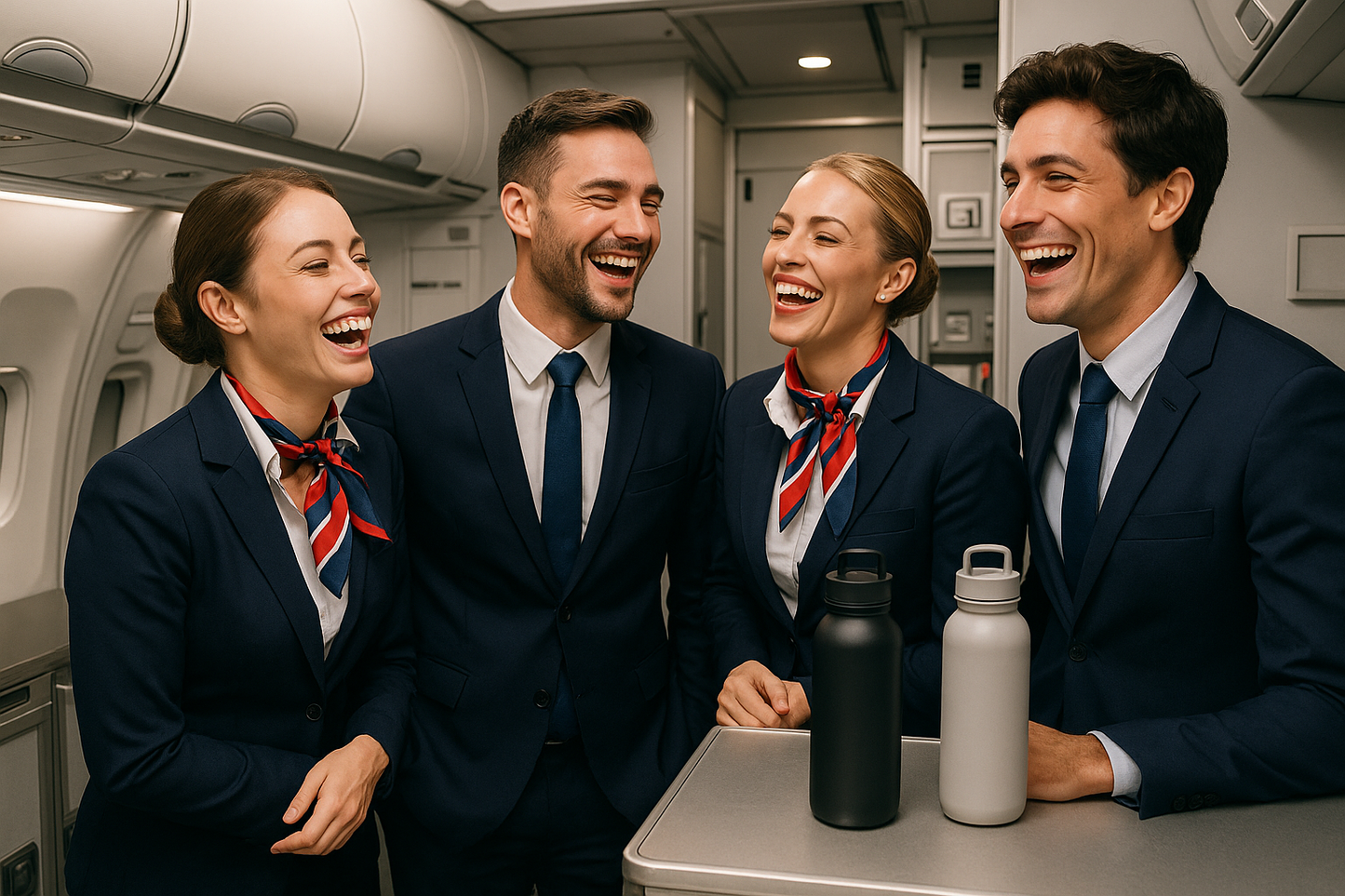 group of attractive flight attendants of both genders laughing in airplane galley with 2 reusable water bottles on counter beside them