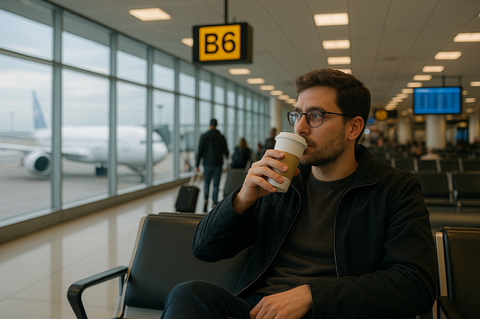 person drinking coffee at an airport