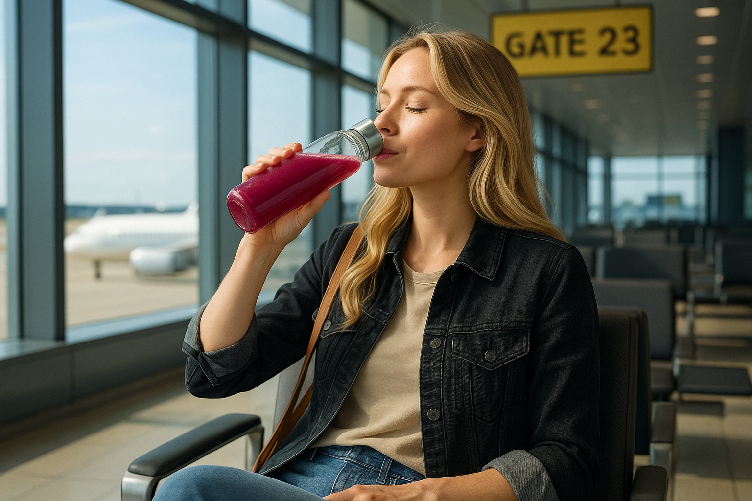 pretty blonde woman in airport drinking dark pink beverage in a glass reusable water bottle