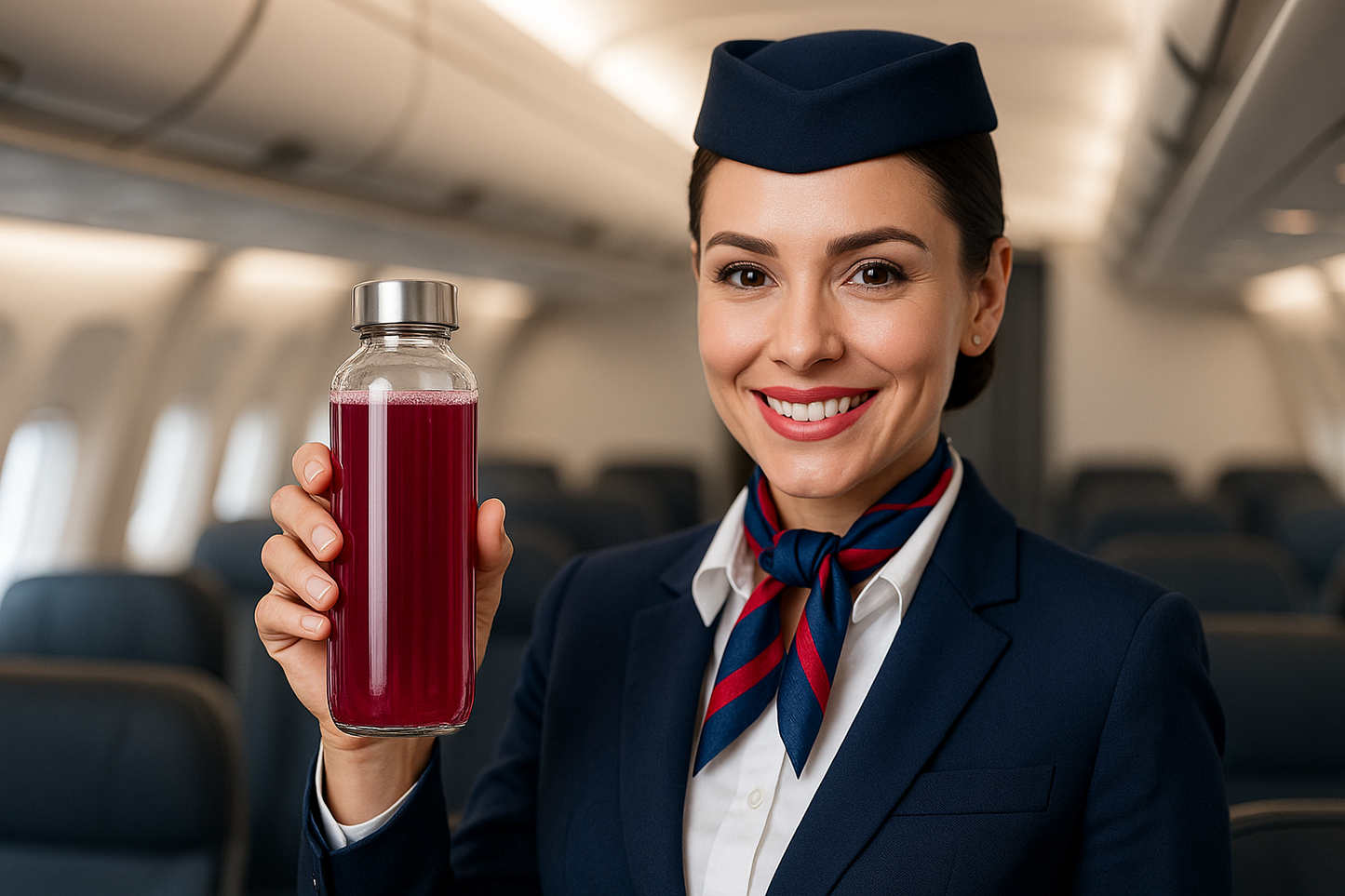 pretty flight attendant with a reusable glass bottle filled with dark pink liquid in her hands