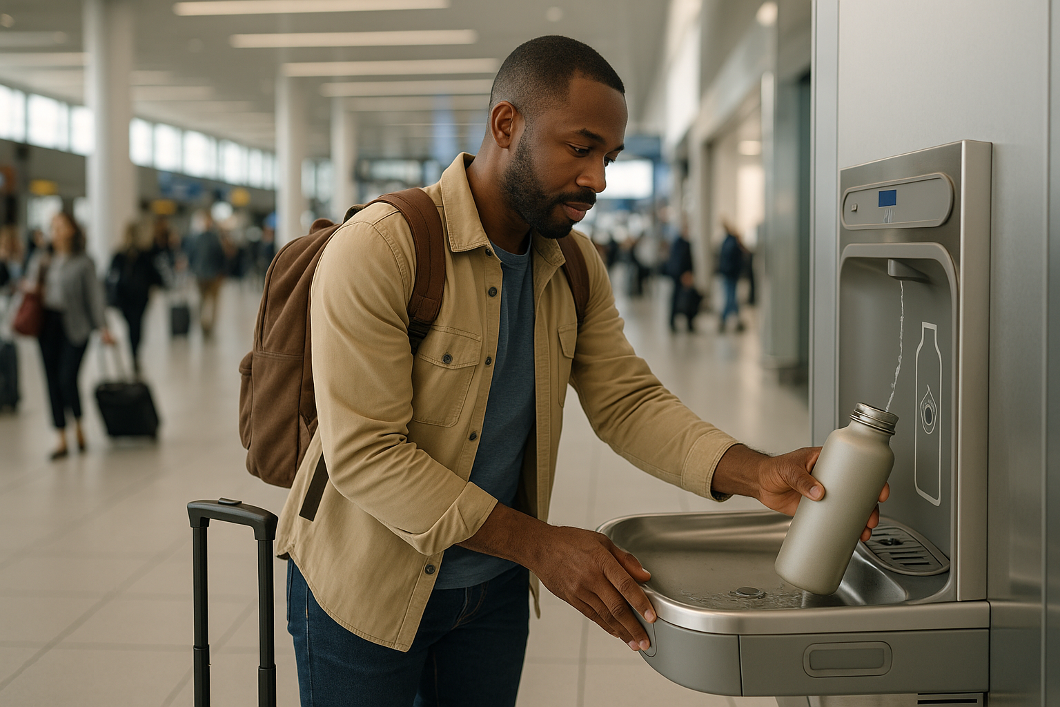 sexy black man filling up a reusable water bottle at water fountain in  airport 